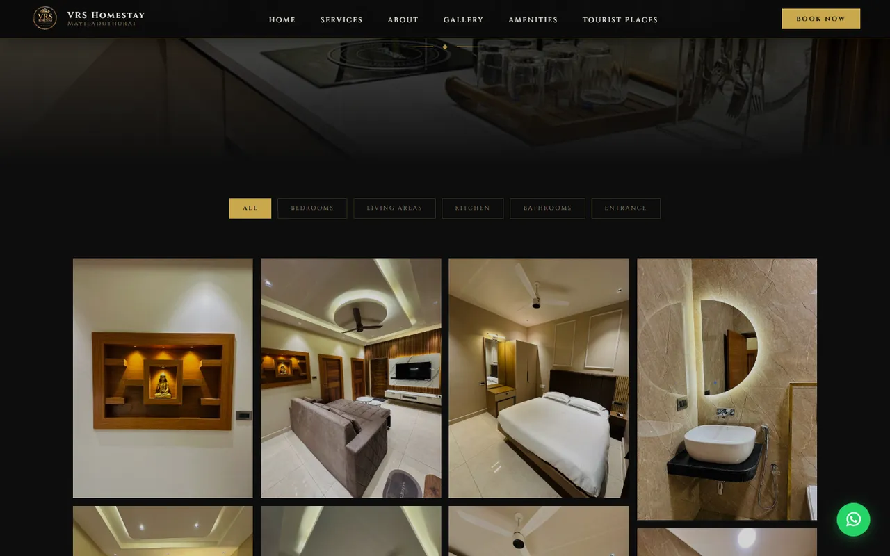 VRS Homestay gallery page with category filter buttons and a grid of interior photos