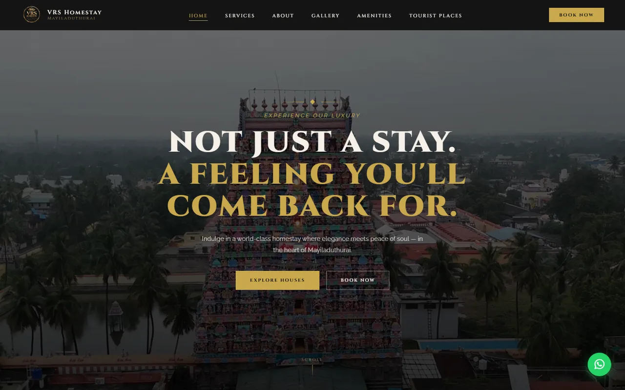 VRS Homestay home page: a temple tower behind the headline 'Not just a stay. A feeling you'll come back for.'