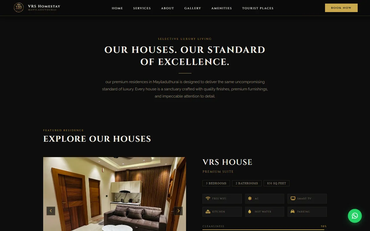 VRS Homestay residences page showing a house with an image slider and amenity tags