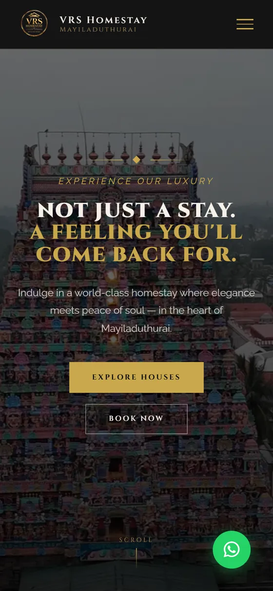 VRS Homestay home page on a phone, with Explore Houses and Book Now buttons